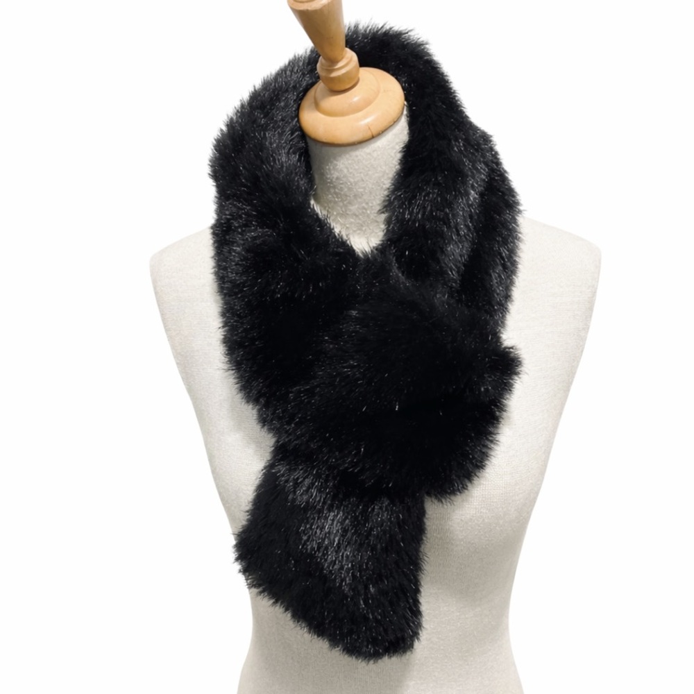 Black Faux Fur Scarf Vintage 90s Cruelty-Free Satin Lined NWOT